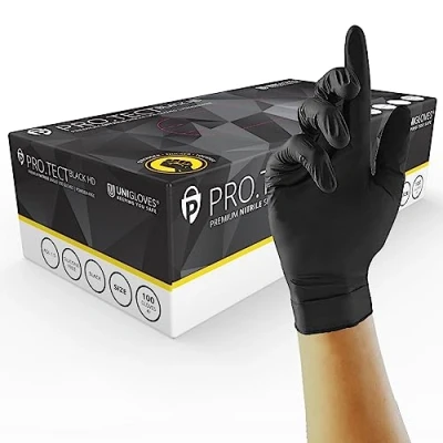 Image of Unigloves PRO.TECT Black HD Nitrile Disposable Gloves Ultra Heavy Duty, Single Use, Multipurpose, Powder Free, Box of 100 Gloves, Size Small (GA0062)
