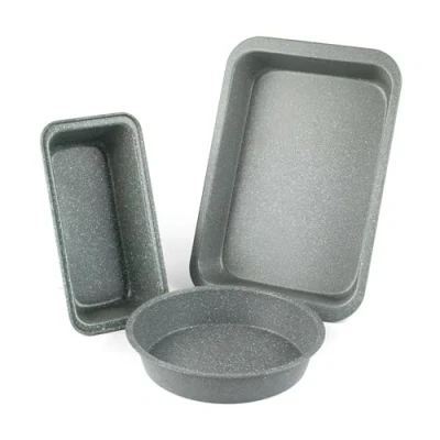 Image of Salter COMBO 2126 Marblestone 3 Piece Bakeware Set Non Stick Deep Roasting Tray, Rectangular Loaf Tin and Round Baking Durable Carbon Steel Ovenware, Oven Safe up to 220c, Easy Clean, Grey