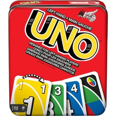 Image of Mattel Games UNO Card Game for Family Night with Cards Specially Designed Left Handed Players in Collectible Tin Box