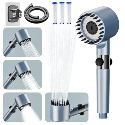 Image of High Pressure Shower Heads, Hard Water Filter Head with 1.5M Hose and Stand, 4 Mode Handheld Pressurized Pause Switch, Lesngsa Massage Large Showerhead, Blue