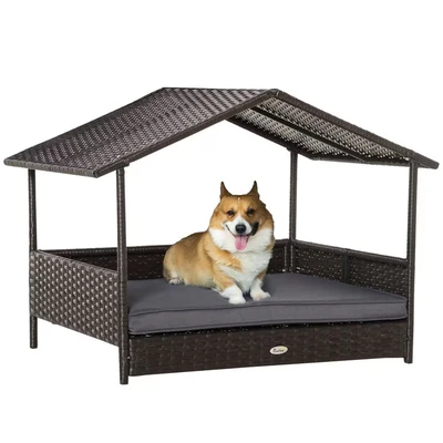 Image of PawHut Wicker Dog House Rattan Pet Bed with Soft Cushion Cat Basket Grey