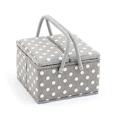 Image of Hobby Gift Exclusive Large Twin Lid Sewing Craft Storage Box, Accessories Tray Pin Cushion Pockets PVC Handles, 25 x 17cm, Polka Dot Grey