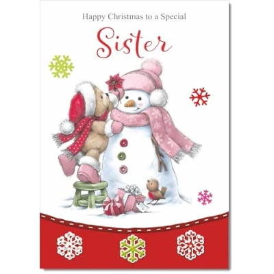 Image of doodlecards Sister Christmas Card Cute Bear with Snowman Medium Size for Plain Envelope