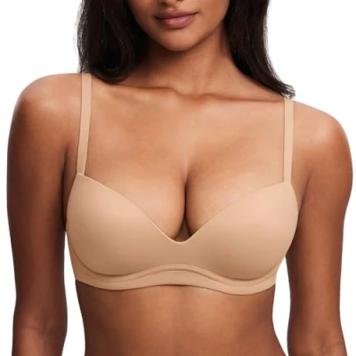 Image of DOBREVA Women&#039;s Push Up Bra Plunge Wireless Comfortable T Shirt Padded Bras Warm Beige 38C
