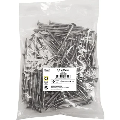 Image of Connex KL3266080 Universal Screws 6.0 x 80 mm 1 kg Bulk Pack Countersunk Head TX Drive Partial Thread Stainless Steel/Screw Set/Screws in Bag