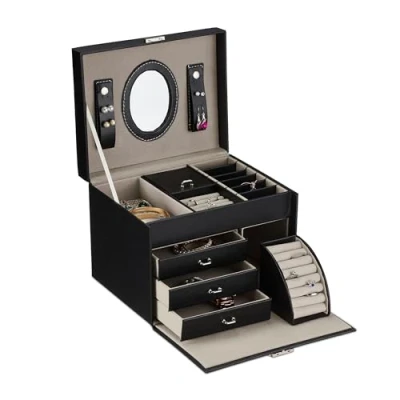 Image of Relaxdays Jewellery Box with Mirror, Storage, Ring Drawer, HxWxD: 18.5 x 24 19 cm, Removable Tray, Black