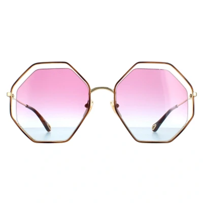 Image of CHLOÉ Poppy Hexagonal Metal Sunglasses havana/goldcoloured/violet, Women&#039;s, Size: 58, Havana/gold coloured/violet