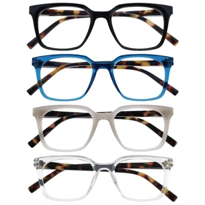 Image of OPULIZE KOI Reading Glasses 4 Pack Large Rectangular Frame Black Blue Grey Clear Mens Womens Spring Hinges RRRR50 137C +3.00