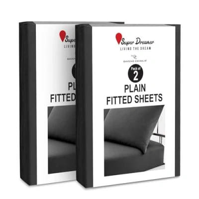 Image of 2 Pack Fitted Sheet King Size Deep Pocket 25cm Microfiber Bed (152x203 cm) Wrinkle &amp; Fade Resistant Elastic Corners Breathable Easycare Bottom Black
