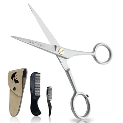 Image of ONTAKI Professional Beard Moustache Scissors German Steel Comb &amp; Carrying Pouch Hand Forged Bevel Edge Precision Mustache Perfect Men’s Facial Hair Grooming Kit for All Body (Satin)