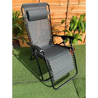 Image of Shop4allsorts Grey Zero Gravity Sun Lounger Garden Chair Reclining Relaxer With Head Rest Pillow