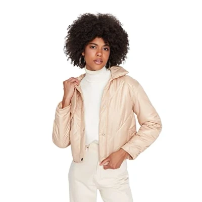 Image of Trendyol Women Oversize Puffer Shirt Collar Woven Jacket Beige