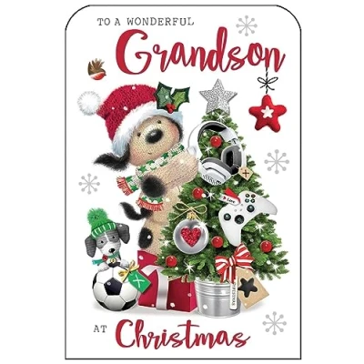 Image of Jonny Javelin Wonderful Grandson Christmas Card Fudge Cuddly Dog and Tree Gaming Decorations with Foil Flitter Details