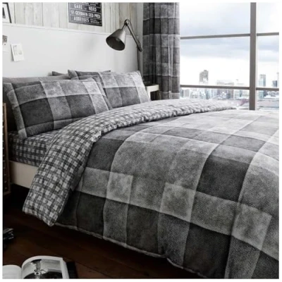 Image of GC GAVENO CAVAILIA Denim Checkered Single Duvet Cover Set, Breathable Geometric Bedding Reversible Check Quilt Bedset, Grey