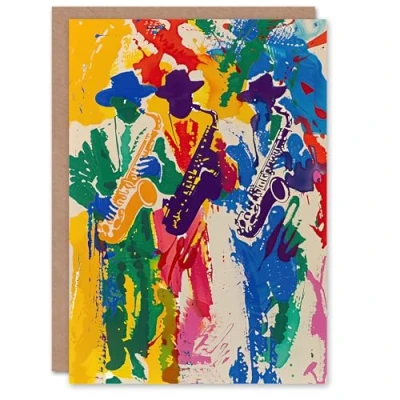 Image of Artery8 Greeting Card Saxophone Players Jazz Music Fest Abstract Blank For Him Or Her Art Birthday