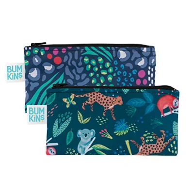 Image of Bumkins SBS2 N50 Snack Bags, Reusable, Washable, Food Safe, BPA Free, 2 Pack, Waterproof Fabric, E2 Jungle Sm
