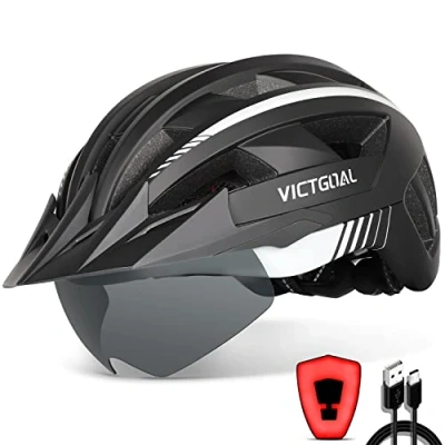 Image of Victgoal Bike Helmet with USB Rechargeable LED Light Removable Magnetic Goggles Visor Breathable MTB Mountain Bicycle for Unisex Men Women Adjustable Cycle Helmets (XL: 59 63 cm, Black White)