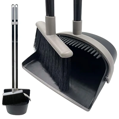 Image of Long Handled Dustpan and Brush Set Broom Reduce Bending Tall Lobby Sweeping (Black &amp; Grey)