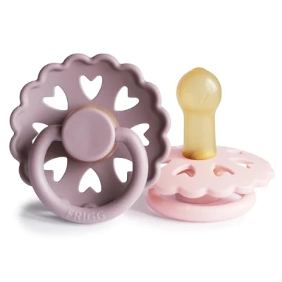 Image of FRIGG Fairytale Latex Pacifier Pack of 2 Natural Rubber Soother Dummy BPA Free Made in Denmark Symmetrical Cherry Shaped Nipple (Twilight Mauve/White Lilac, Size (6 18 Months))