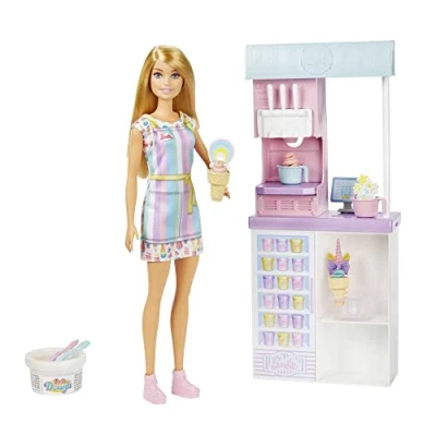 Image of Barbie Ice Cream Shop Playset with 12 in Blonde Doll, Shop, Making Feature &amp; Realistic Play Pieces, Black