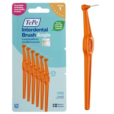 Image of TePe Interdental Brush Angle, Orange, 0.45mm/ISO 1, 6pcs, Interspace Cleaning, Plaque Remover for Teeth with Narrow Gaps, ensures Strong Gums, Carton Pack