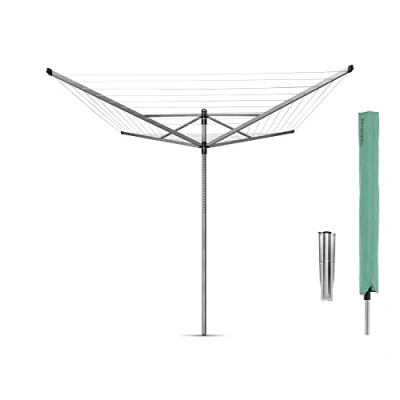 Image of Brabantia Lift O Matic 60 Metres of Clothes Line Adjustable in Height UV Resistant &amp; Non Slip Lining Umbrella System with Ground Spike 45 mm Cover Metallic Grey ø 295 cm