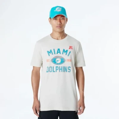 Image of MIAMI DOLPHINS New Era Cap NFL Regular T Shirt Distressed Screenprint Team Graphic Stone Unisex
