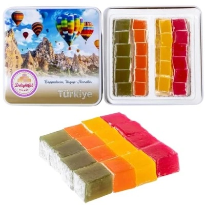 Image of Delightful Dilara LokumTurkish Delight Gift Box Mixed Fruit Aroma 500g Tin Tubs of Vintage Sweets Birthday Present Mom &amp; Dad Eid Confectionery Christmas Gluten Free
