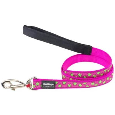 Image of Red Dingo Designer Dog Lead, Lime Green Stars on Hot Pink (15mm x 1.2m) S
