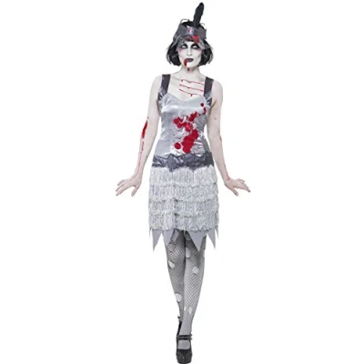 Image of Smiffys Zombie Flapper Dress Costume, Grey with and Headband, Halloween Alley Fancy Dress, Up Costumes