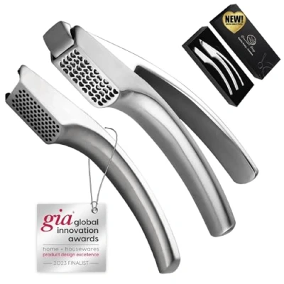 Image of Garlic Press Stainless Steel with Two Detachable Handles for Fine &amp; Coarse Garlic, No Need to Peel Mincer Tool, Masher + Presser in One Crusher 5 Year Warranty