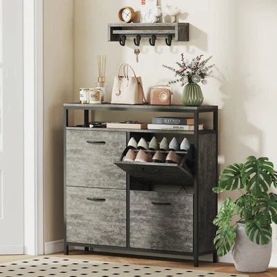 Image of HOMCOM Narrow Shoe Cabinet with 4 Flip Drawers, Industrial Slim Storage Open Shelf and Adjustable Shelves for Hallway, Entryway, Holds 12 20 Pairs, Cement Grey