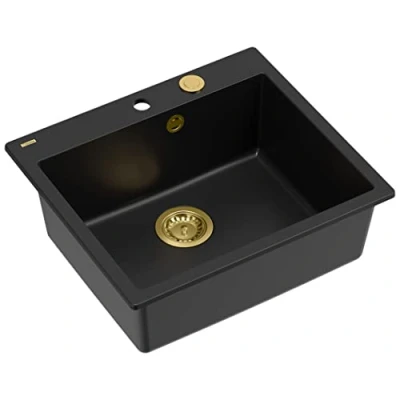 Image of QUADRON Kitchen Sink Pure Carbon &amp; Golden Size 57 x 50 22 cm Granite Morgan 110 Built in with Tap Hole Single Bowl