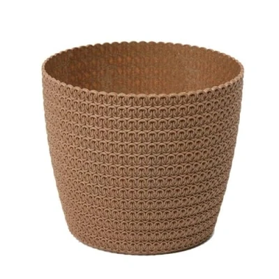 Image of Muddy Hands Eco Friendly Knitted Plant Pot Indoor Home House Outdoor Garden Herb Succulent Cacti Cactus Flower Planter Made from Recycled Plastic &amp; Wood (Ø Diameter 14cm, Natural Wood)