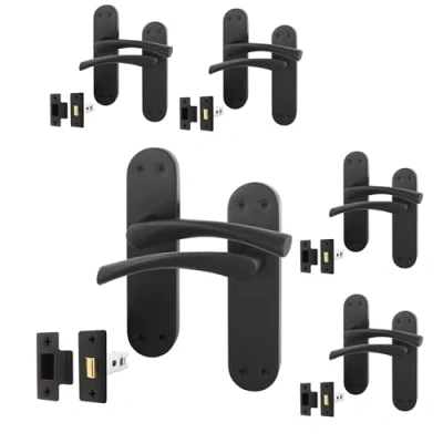 Image of EAI Black Door Handle &amp; Latch Set 5 Pair Matt Internal Lever Handles on Backplate with (64mm) Novoli Range