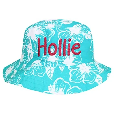 Image of TeddyTs Personalised Girl&#039;s Hawaiian Summer Sun Hat with Sparkle Embroidery (as8, Age, 3_Years, 5_Years, Turquoise, 3 5 Years)
