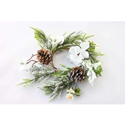 Image of Gisela Graham Christmas Candle Ring Snowy White Flowers and Leaves for 3&quot; Pillar