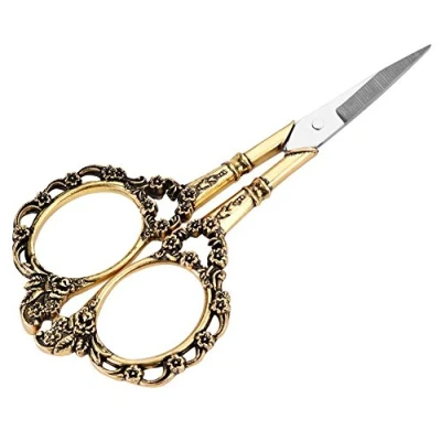 Image of Sewing Scissors, Stainless Steel Tailor Scissors Vintage Flower Pattern Craft Needlework Embroidery Handcraft DIY Tool(Gold)