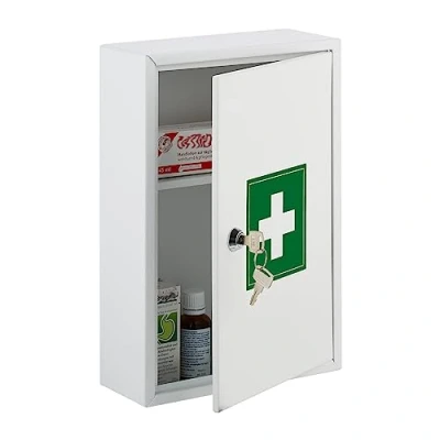 Image of Relaxdays Medicine Cabinet, Lockable, 2 Compartments, 32 x 21.5 9.5 cm, Wall Mounted, First Aid, Metal, White/Green, Iron