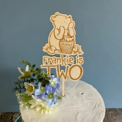 Image of Luck and Personalised Winnie the Pooh Cake Topper, Childrens Character Birthday Party, Wooden Kids Decoration, Customisable Topper