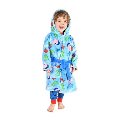 Image of George Pig Boys&#039; Fleece Robe Vibrant Blue Soft Bathrobe with Hood &amp; Playful Dinosaur Print Cosy Dressing Gown for Toddlers (Sizes 12M 4Y) (K3_9748_Y, 12 18 Months)