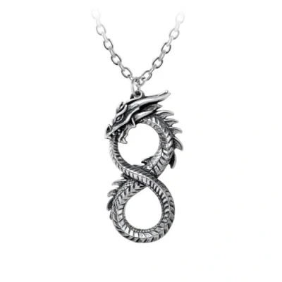Image of Alchemy Gothic Infinity Dragon Pendant Unisex Necklace Black Silver Colours, Pewter,