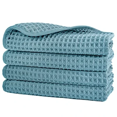 Image of POLYTE Microfibre Lint Free Washcloth Face Towel, 33 x cm, 4 Pack (Green, Waffle Weave)