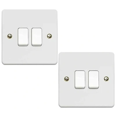 Image of Body Plus 2 Gang Way Light Switch White Electric Curved Edge Switches with Screws 250 V A.C, 10AX Double Wall for Home, Office, Industries, Shedes, garages etc (2PCS)