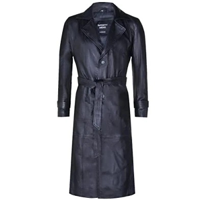 Image of Infinity Leather Mens Full Length Trench Coat Appleton Black Nappa Size Medium