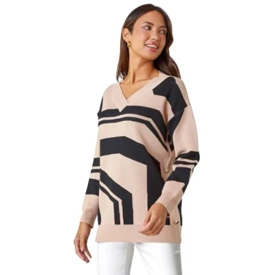 Image of Roman Originals Grid Pattern V Neck Knit Jumper for Women UK Ladies Everyday Autumn Winter Round Neckline Comfy Soft Evening Vacation Work Party Night Out Camel &amp; Black Size 12
