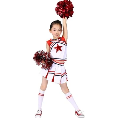 Image of LOLANTA Girls&#039; Cheerleading Costumes with Pompoms and Socks, Kids Halloween Fancy Dress Up, Cheerleader Outfit, Red, 8 9 Years, 140