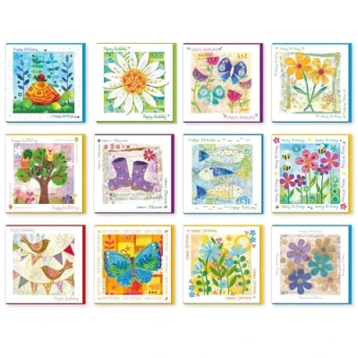 Image of Pack of birthday Cards for women and men, 14x14cm, 12 designs in this multipack, each with a coloured envelope. Printed the UK, by Just Direct (GE1024)