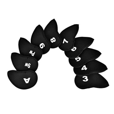 Image of 10pcs Golf Iron Club Head Covers Set, Durable Neoprene Headcovers Protect Case with Number Letter Tag (Black)