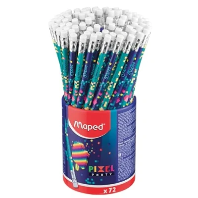 Image of Maped Graphite Pencils HB #2 PIXEL PARTY with Eraser Tip Ergonomic Triangular Shape Pot of 72